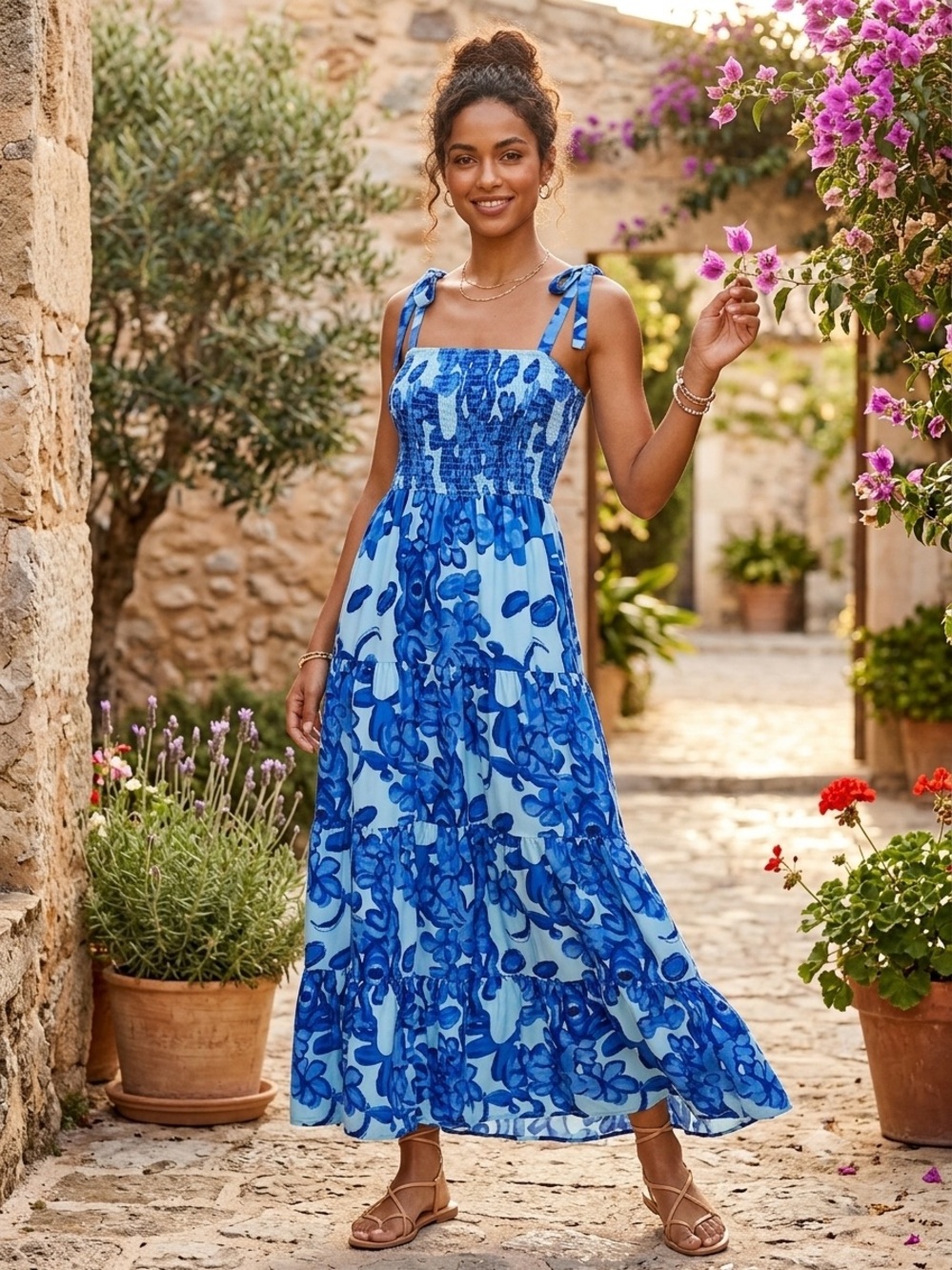 Blue Floral Smocked Maxi Sun Dress Sz